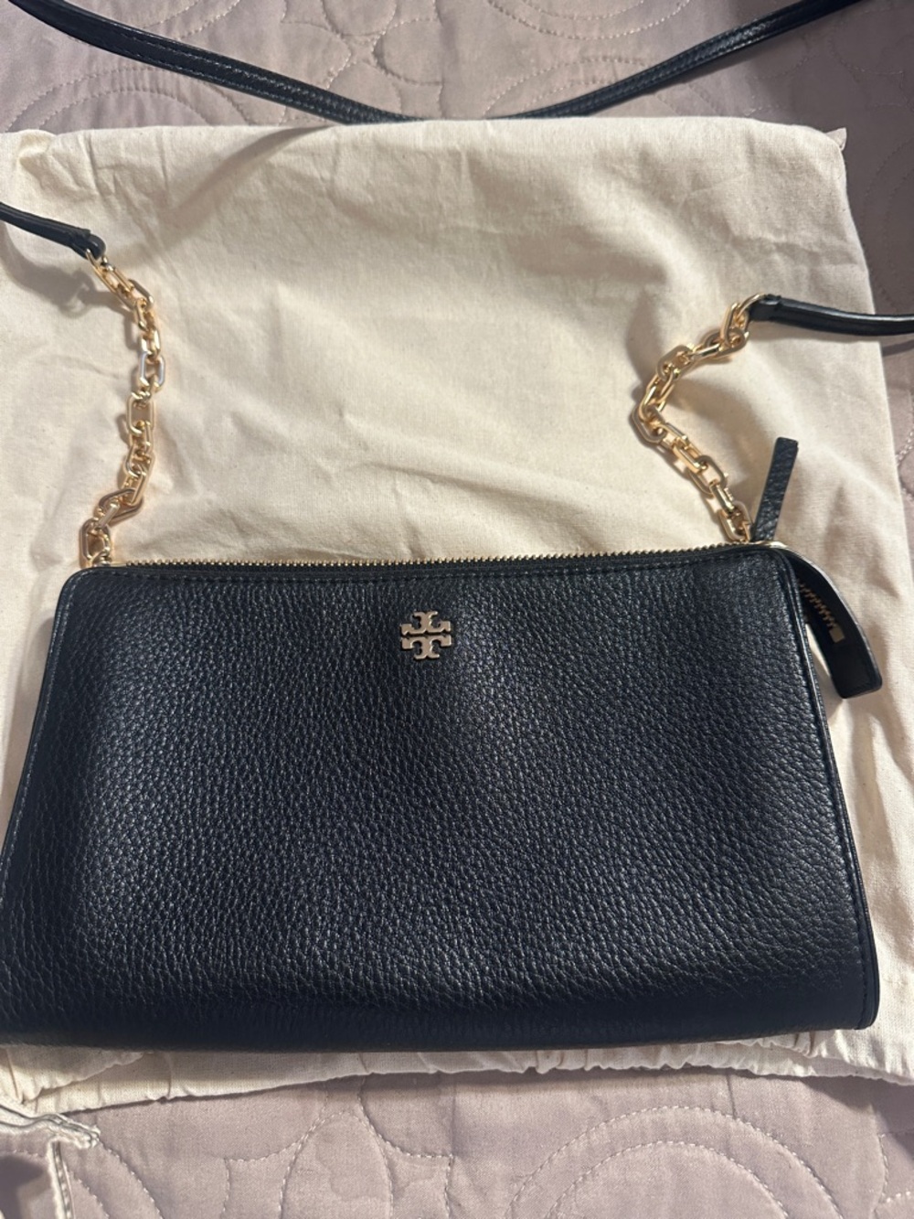 Tory Burch Black Pebbled Leather Crossbody with Gold Chain Accent